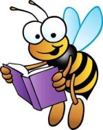 Clip art image of a bee holding a book 